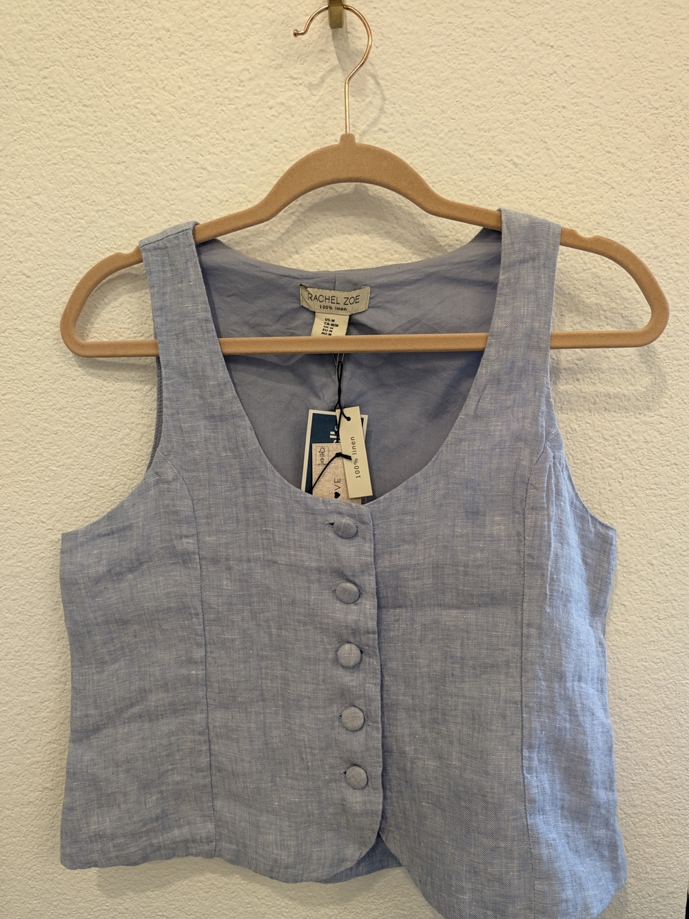 Rachel Zoe Linen Button-Front Tailored Vest Or Top Blue Medium
